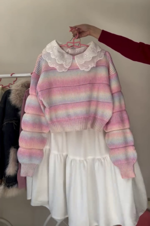 🌈Pastel Dream Puff Sleeve Striped Knit Sweater & Angel Collar Tiered Skirt Set For Sweetest Days🌈