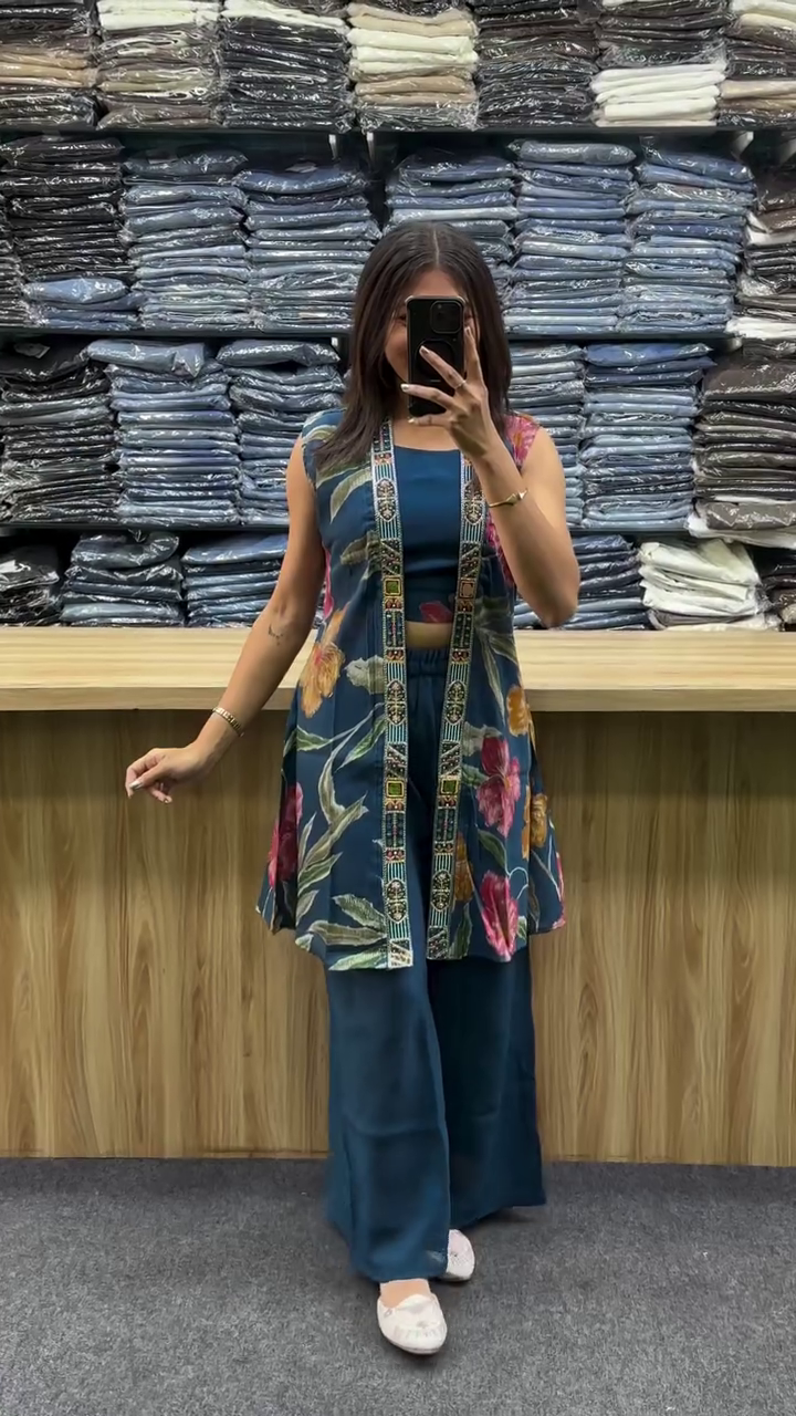 Hot Pink Printed Indo-Fusion Co-Ord Set with Jacket Layer ππΊπΏ - Image 2