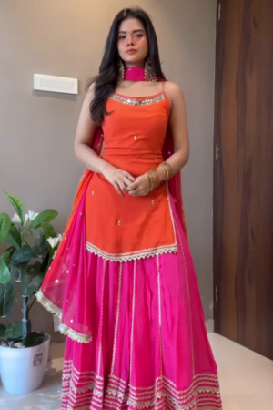 Radiant Orange & Pink Contrast Lehenga Set with Mirror-Work Detailing & Elegant Dupatta ✨🧡💗👗