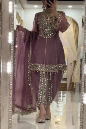 Lavender Heavy Mirror-Embroidered Short Kurti with Sharara Bottom & Dupatta πβ¨πͺ