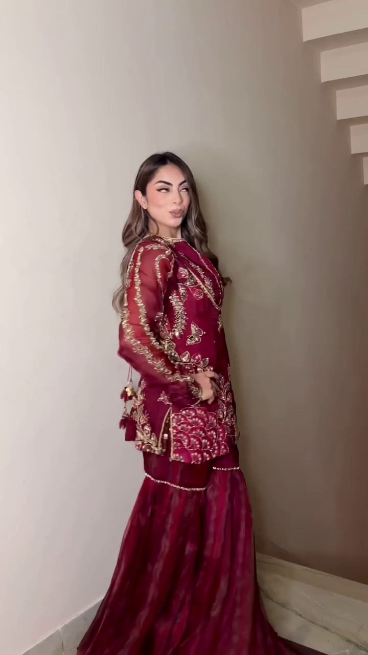 Majestic Maroon Heavy Embroidered Kurti–Sharara Set with Luxe Sheer Dupatta & Golden Threadwork Detailing ✨💃🌺🪡 - Image 4