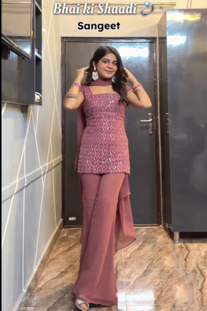 Dusty Rose Sequin Embroidered Peplum Kurti with Stylish Flared Pants & Matching Dupatta – Perfect Sangeet & Festive Indo-Western Set 💖🌸✨