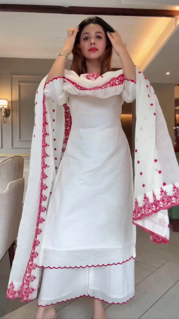 Elegant White & Pink Embroidered Straight Kurti Set with Chiffon Dupatta and Scalloped Borders β Soft, Classy & Everyday Ethnic Perfection π€πΊβ¨ - Image 2