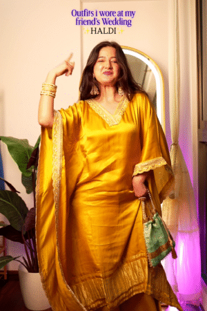 Sunshine Glow Haldi-Perfect Satin Kaftan Dress with Handcrafted Lace Borders & Matching Potli Bag ☀️💛✨