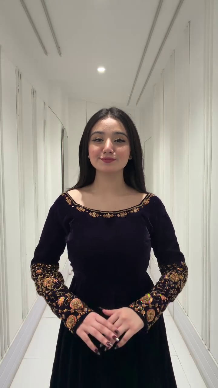 Royal Midnight Velvet Long Anarkali Gown with Gold Hand-Embroidered Sleeves & Regal Neckline β¨π€π - Image 2