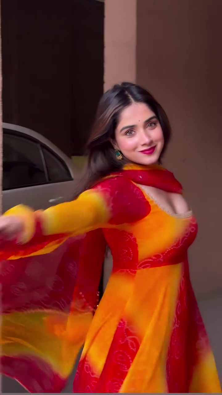 Sunset Radiance Fusion Anarkali Set in Fiery Red & Golden Yellow with Soft-Flare Silhouette & Printed Dupatta ✨🔥🌼❤️