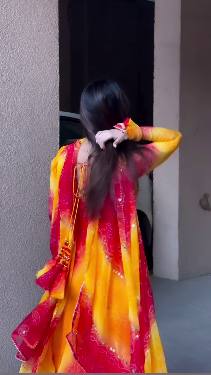 Sunset Radiance Fusion Anarkali Set in Fiery Red & Golden Yellow with Soft-Flare Silhouette & Printed Dupatta ✨🔥🌼❤️ - Image 4