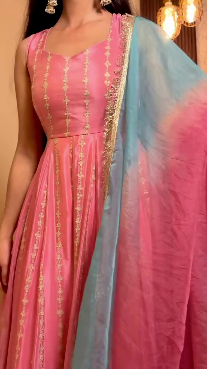 Pastel Dream Weave PinkโBlue Ombre Flared Anarkali Set with Gold Woven Borders & Soft Dupatta Flow โจ๐ธ๐๐ - Image 3