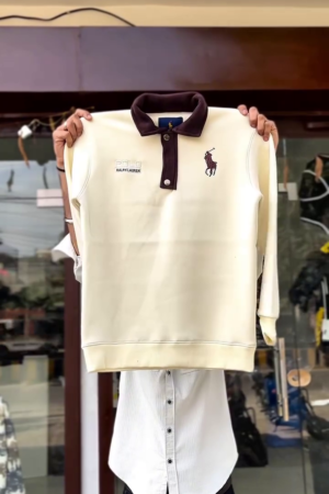 ✨Elegant Cream Premium Men’s Winter Sweatshirt With Stylish Contrast Collar & Full Sleeves✨