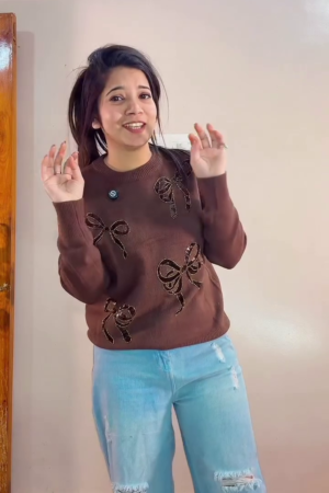 ❄️✨ Premium Cozy Winter Women’s Soft Knitted Brown Sweater with Stylish Shimmer Bow Embroidery Design, Warm Comfortable Fabric, Trendy Casual Fashion Wear for Everyday Winter Styling ✨❄️