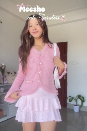 “Rosy Whimsy: Buttoned Blush Knit with Petal-Laced Layers & Plush Charm” 🧸🌷🎀